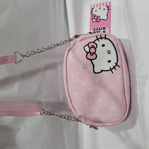 Hello Kitty pink canvas look hello kitty logo chainlink crossbody bag purse new - Picture 2 of 11